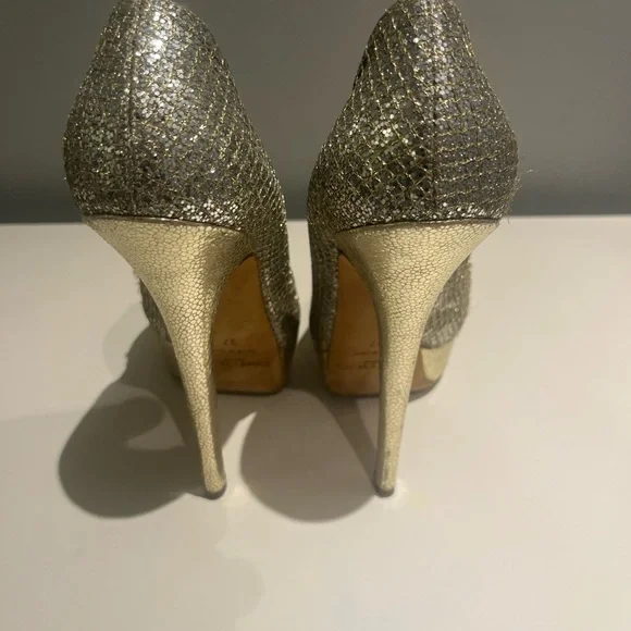 Jimmy Choo Champagne Gold High Heel Peep Stilettos - Picture 2 of 3